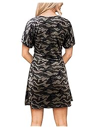 Bonesun - Vestido de manga corta con estampado de camuflaje para mujer con cinturón S-XXL
