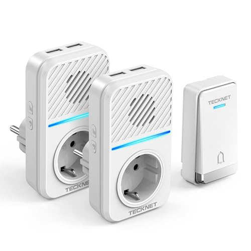 TECKNET Wireless Doorbell Kit, 400M Self-Powered Wireless Doorbell with 2 Receivers, IP65 Chime Kit with Tomas USB Externas y Luz LED, 60 Melodies, 5 Volume Levels