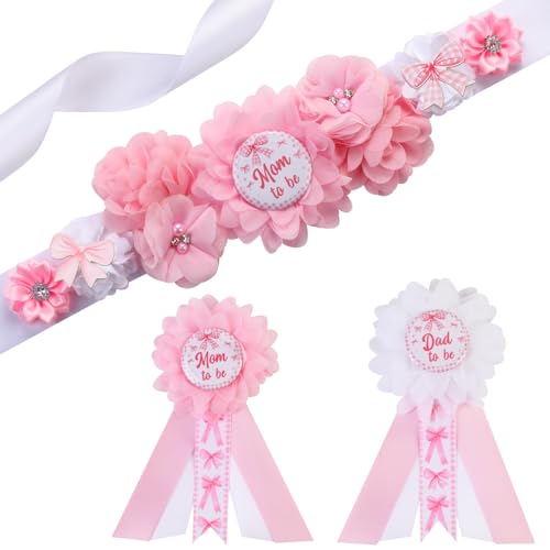 Cheerupp Pink Bow Gender Reveal Maternity Sash Kit, Pink Baby Shower Belly Belt and Mom to Be Dad to Be Corsage Pins, New Parent Pregnancy Announcement Photo Props Party Supplies