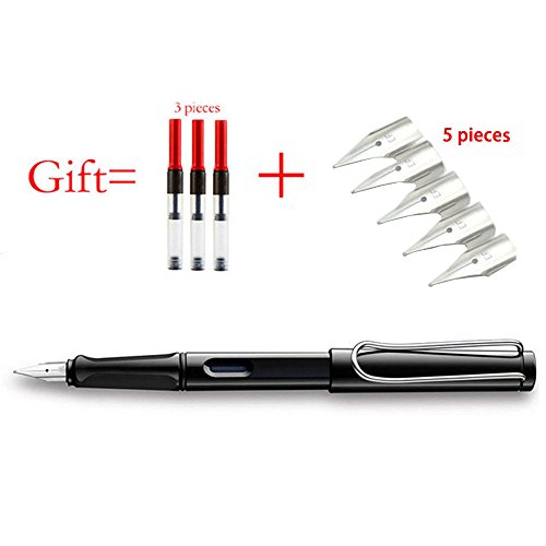 RIANCY Refill Fountain Pen with 3 Ink and 5 Nibs Cartridges Fine Nib Pen Luxury Color Plastic Body Fountain Pen for Writing Fine Signature Pen School Office Supplie Caneta Stationery (Black)