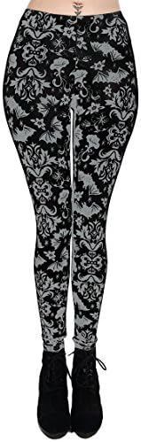 Too Fast Women's Victorian Bats Gothic Damask Print High Waist Lexy Leggings Black Large