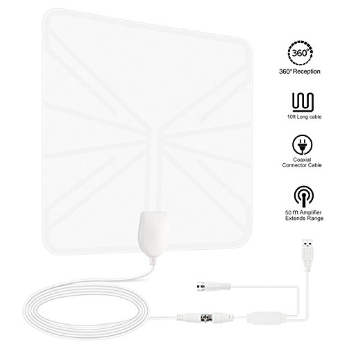 TV Antenna, 50 Mile Indoor Amplified HDTV Antenna, Digital TV Antenna with Detachable Amplifier Signal Booster and 13.5ft High Performance Coax Cable (White)