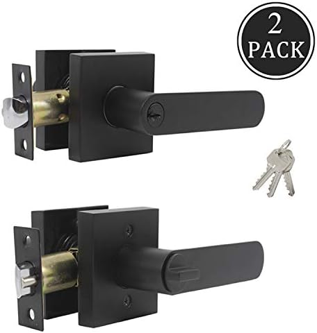 (2 Pack) Keyed Entry Door Locks Matte Black Keyed Alike Door Levers Interior Exterior Leverset with Lock and Key Modern Flat Door Handles with Square Rosette for Right/Left Handed Doors