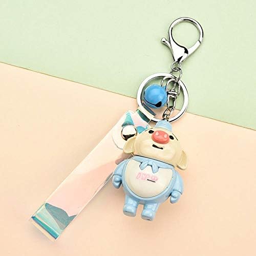 jiwenhua Car accessories cute pig Bajie clothing bag accessories mobile phone case pendant key chain, Blue + bell + colorful short leather rope, pig eight rings