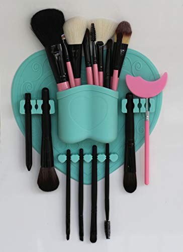 LORMAY Makeup Brush Organizer + Makeup Brush Cleaning Mat, Storage Container of Makeup Tools and Personal Care Accessories-Makeup Drying Brush Holder Bathroom Cosmetic Organizer (Mint Green)