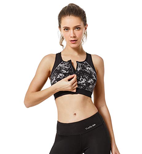 Yvette Women's Zipper Front Print Sports Bra with Wide Strap for Women, Black, 5XL(DF)