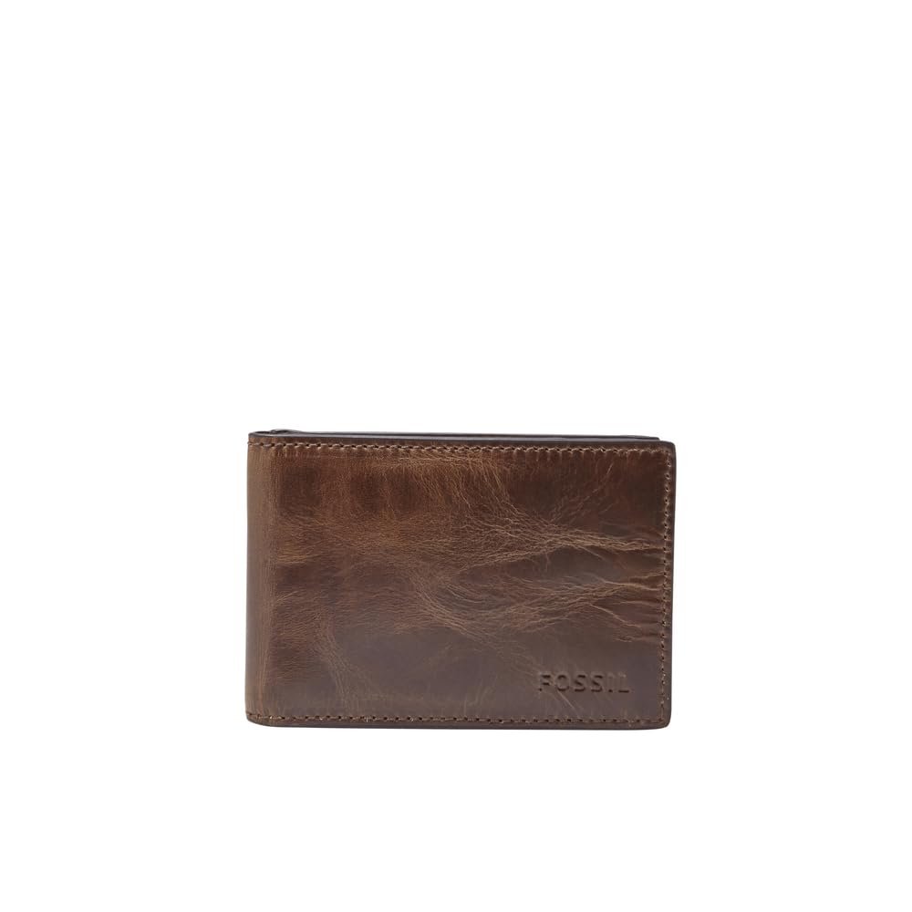 Fossil Wallet for Men Derrick, 100% Leather Money Clip Dark brown 10 cm L x 1.5 cm W x 7 cm H ML3684201