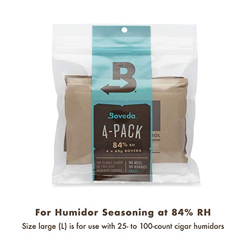 Boveda for Cigars | 84% RH Humidity Control Packs for Humidor Seasoning | Size Large for Use with 25- to 100-Count Cigar Humidors | Properly Seasons a Wood Humidor in 14 days | 4-count Resealable Bag