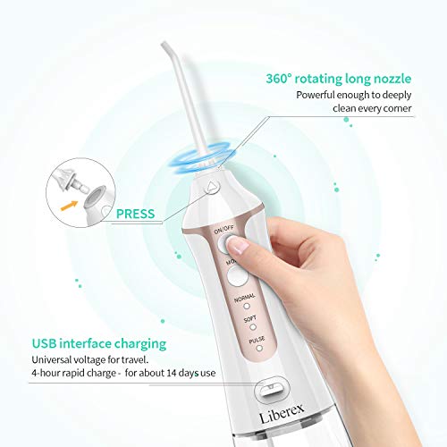 Liberex Cordless Water Flosser - Portable Oral Irrigator with 5 Jet Nozzles, IPX7 Waterproof 300ml Reservoir, 3 Modes Dental Care Teeth Jet for Teeth Braces,USB Rechargeable - Thumbnail 4