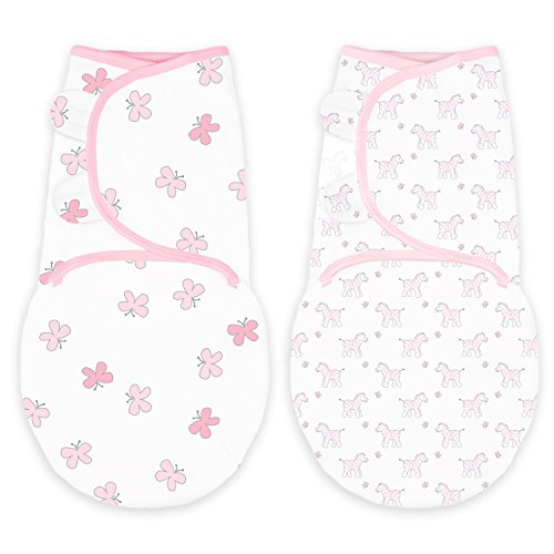 Swaddle Blanket with Adjustable Wrap, Set of 2, Tiny Zebra and Butterflies, Pink, Small