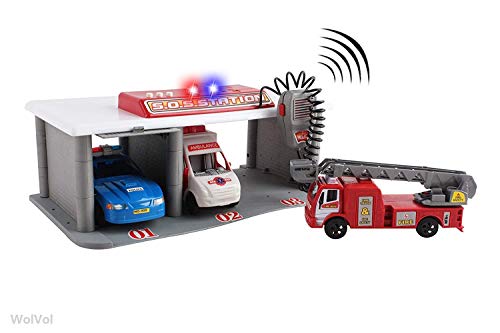 WolVol Emergency 3-Vehicle Garage w/ Pretend Radio & Sounds - Portable Utility Vehicle Station - Ideal Gift for Boys & Girls