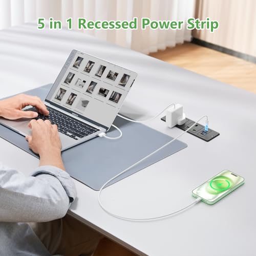 HANNELORE Recessed Power Strip with USB C PD20W, Desk Power Socket with USB, Power Extension Lead 2 Outlets 2 Screws, Hidden in Furniture Desk Table, 2M/6.6FT Cable, Black
