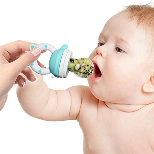2 in 1 Baby Food Feeder, 3-24 Months BPA Free (1 Set) Newborns and Babies Eat Fresh Food Silicone Mesh Bag (Blue/Green)