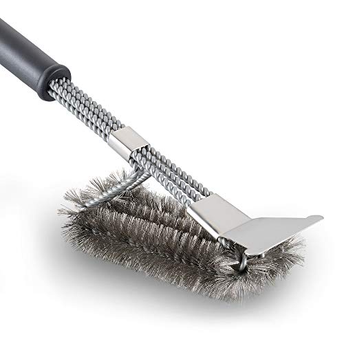 Ofargo BBQ Grill Brush With 3-in-1 Stainless Steel Woven Wire For Gas Charcoal Charbroil Grill Cleaning, 18’’ Handle, Black