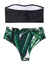 ZAFUL Conjunto de bikini bandeau para dama Traje de baño de corte tropical con estampado de hojas tropicales