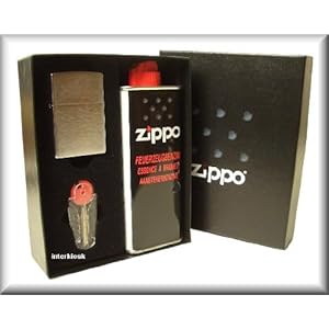 Zippo Feuerzeug Chrom gebürstet Geschenkset mit Benzin + Feuerstein-Spender