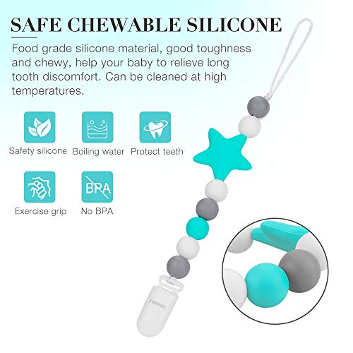Pacifier Clips, Komake 2 in 1 Teether Pacifier Clip Chewable Silicone Teething Beads BPA Free Binky Holder for Girls, Boys, Teether Toys, Soothie, Mam, Drool Bibs, 2 Pack (Green, Gray)