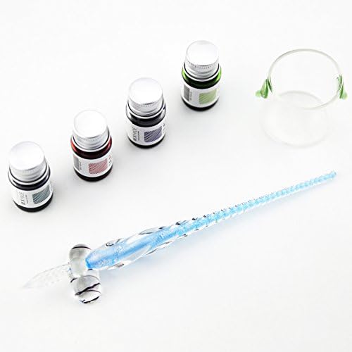 Handmade Glass Dip Pen Set, Includes 4 Color Ink &amp; Pen Holder, Vintage Elegant Design Signature Pen, Gift Package (Light Blue)