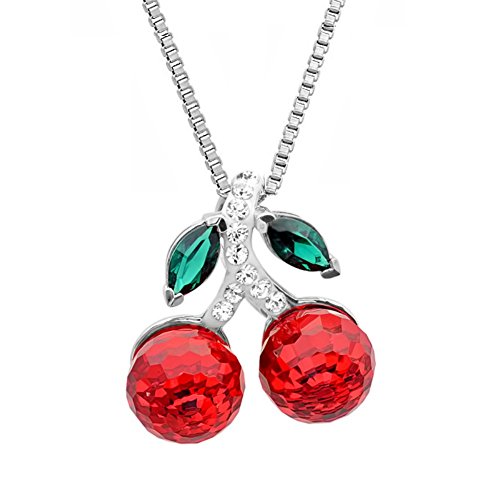 Sterling Silver Red Cherries Pendant-Necklace made with Swarovski Crystals
