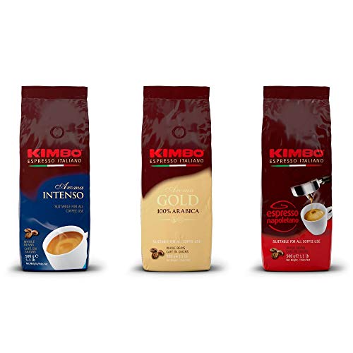 Kimbo ganze Kaffeebohnen Set mit 1 x Gold 100% Arabica, 1 x Espresso Napoletano und 1 x Aroma Intenso, drei 500g Beutel