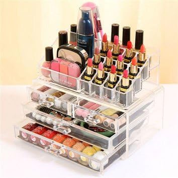 Shag Acrylic Cosmetic Organizer Cum Jewelry Box With 3 Drawers For Jewelry Cosmetics Multi Slots - 9 Slots