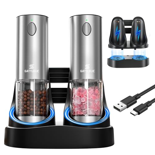 Elektrisches Salz- und Pfeffermühlen-Set, automatische Pfeffermühle, mit verbesserter Ladestation und LED-Licht, verstellbare Grobheit, wiederaufladba