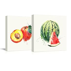2 Panel Square Canvas Wall Art - Peach and Watermelon Watercolor | Fruits Watercolor Art and Illustrations - Giclee Print Gallery Wrap Modern Home Art Ready to Hang - 12"x12" x 2 Panels