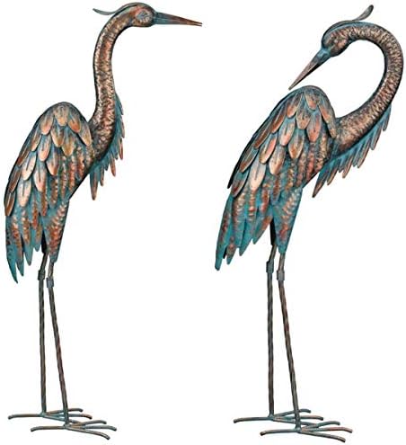 Copper Patina Crane Pair Metal Garden Decor Statues Bird Yard Sculptures Heron