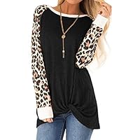 Black Women Leopard Print Long Sleeve Casual Blouse Twist Tie Knot Shirt Top