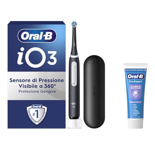 Oral-B iO 3 Spazzolino Elettrico Ricaricabile, 1 Testina di Ricambio, Nero - 1 Testine di Ricambio per Spazzolino Elettrico, Custodia da Viaggio + 1 Dentifricio Pro-Expert Sbiancante Delicato