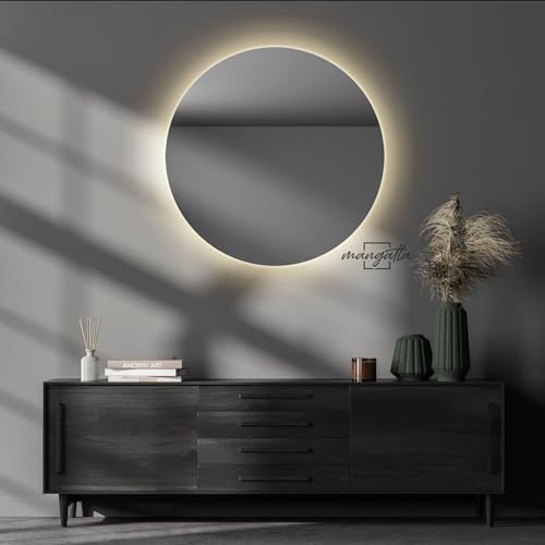 mangatta. Espejo Circular, luz LED cálida, Desde 50 hasta 120 cm de diámetro, 6 mm, Acabado en Canto Pulido, Soporte de Carga de Acero