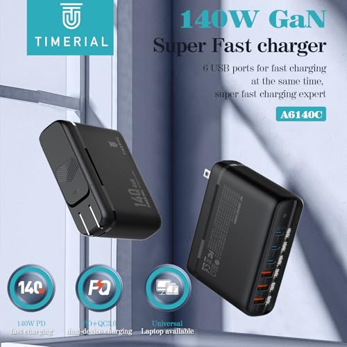 Timerial 140W GaN Fast Travel Charger Station 3 Type C & 3 USB, International Travel US/UK/EU Detachable Plugs,Charging for Laptop Tablet Smart phone,Output Power LED Display,1.5M Extension Cable