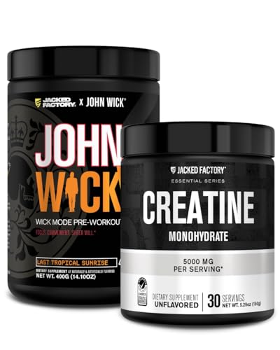 Jacked Factory X John Wick - Wick Mode Pre Workout Powder (Last Tropical Sunrise, 40 Servings) & Creatine Monohydrate Powder (Unflavored, 30 Servings)