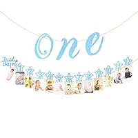 1st Birthday Photo Banner with High Chair Glitter Blue ONE Decoration, Monthly Milestone Baby Boy Girl Photo Bunting for Newborn 1-12 Months First Birthday Decor Set
