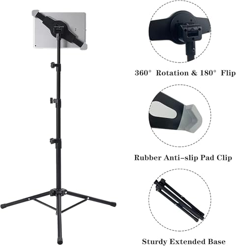 Tripod Stand for iPad, Height Adjustable Floor Stand, Flexible Tablet Mount，360 Degree Rotating Tablet Holder for iPad Pro 12.9, iPad Air and Other Device Within 9.5-14.5 Inch