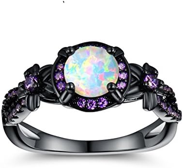 OPALTOP Black Gun Plated White Fire Opal Rings Created Amethyst Promise Engagement Rings Band for Women Girls (Size 5-10)