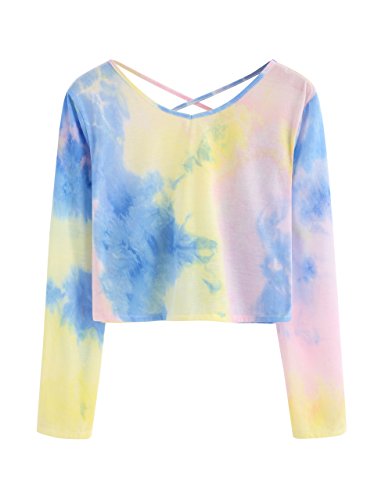 SweatyRocks Women's Tie Dye Print Crop Top T Shirt Long Sleeve Multicolor #2 XL