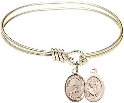 St. Christopher Skiing Charm On A Child Sized 5 3/4 Inch Oval Eye Hook Bangle Bracelet