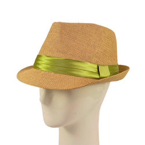 Classic Tan Fedora Straw Hat, Green Band