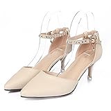Blue Red(TM) Modern Womens Ankle Strap Buckle Kitten Mid Heels Pointed Toe Shoes Apricot US5