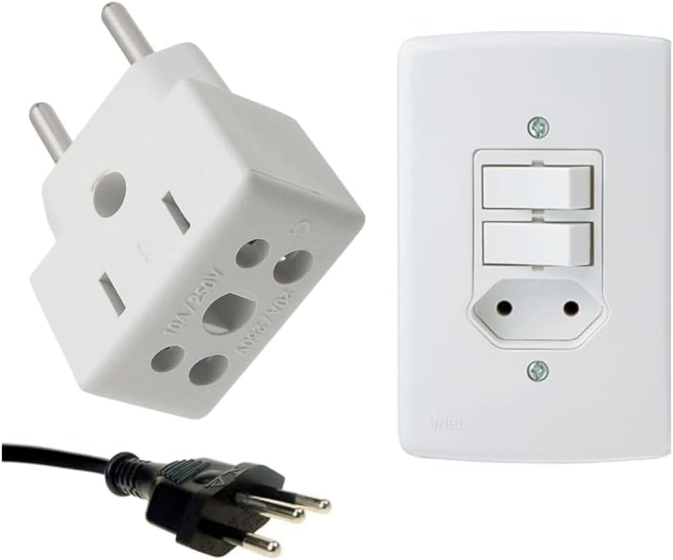 Kit 3 Adaptadores de Tomada Universal Bob Esponja Benjamin 10A/20A até 250V, Para 2 e 3 Pinos Grosso e Fino, Bivolt 110V/220V para Secadores, Chapinhas, Air Fryer, Eletrodomésticos e Eletrônicos