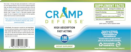 CRAMP DEFENSE® MAGNESIUM FOR LEG CRAMPS, MUSCLE CRAMPS & MUSCLE SPASMS. END THEM FAST AND PERMANENTLY. ORGANIC MAGNESIUM, NON-LAXATIVE, NO MAGNESIUM OXIDE OR HERBS! BIG 180 CAPSULE BOTTLE.