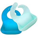 LIXINM 2PCS Premium Waterproof Silicone Bib Easily Wipes Clean, Comfortable Soft Baby Bibs Keep Stains Off. Adjustable Snaps Feeding Bibs For Infants, Easy Clean With Big Roll Up Pocket (Green/Blue)