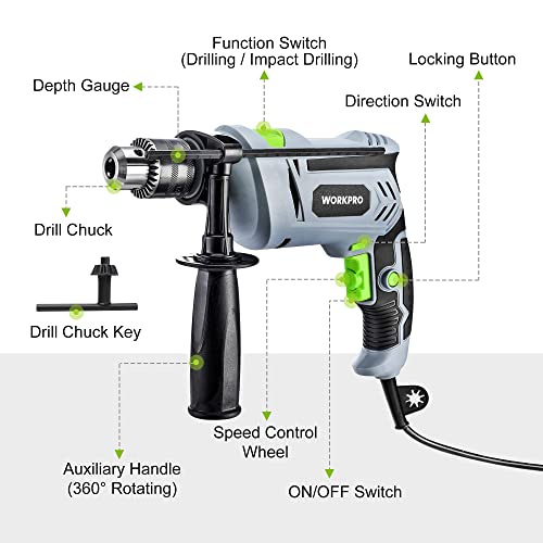 WORKPRO 850W Hammer Drill, Electric Drill with Cable, Impact Drill with 360° Rotating Handle, 3000 RPM, Variable Speed Button