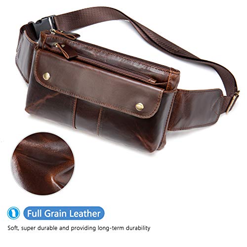 Fashionable Genuine Leather Fanny Pack Slim Waist Bag with Adjustable Belt Strap Brown