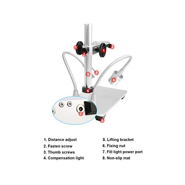 Jiusion Ständer mit 2 Lampen aus Aluminiumlegierung, universell verstellbar, professioneller Standhalter, Tischhalterung für max. 3,5cm Durchmesser USB-Digital-Mikroskop-Lupe, Lupe Kamera – Bild 8