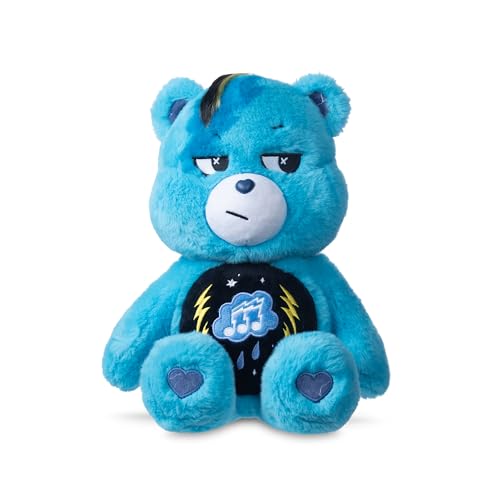 Basic Fun Care Bears 22cm Rock Theme Plush – Grumpy Bear Eco-Friendly Soft Toy with Lightning Belly Badge – Collectible Plush for Kids & Fans, Blue, 14