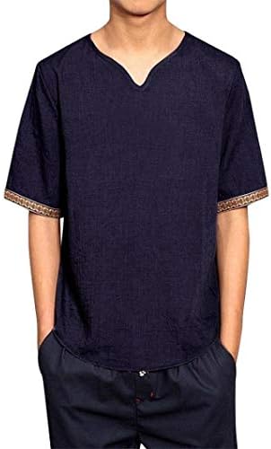 Chrikathy Men Traditional V Neck Linen Shirt Casual Short Sleeve Tee Tops Blouse