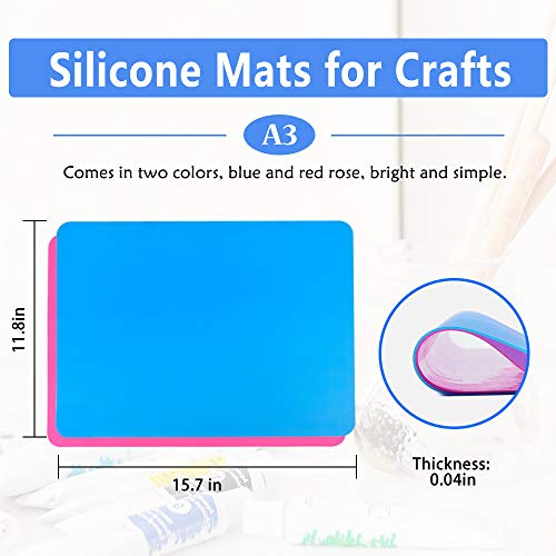 Silicone Sheet for Crafts Jewelry Casting Molds Mats, IKOCO 2 Pcs Silicone Mats for Crafts, Waterproof Washable Heat-Resistant, Rose Red and Blue A3