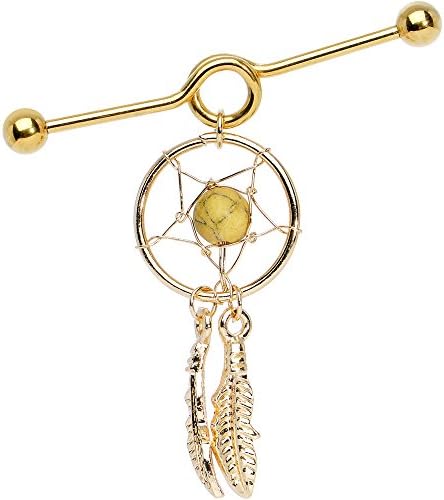 Industrial Barbell Gold Ion Plated Dream Catcher Dangle Design 14ga-1.5"(38 mm)
